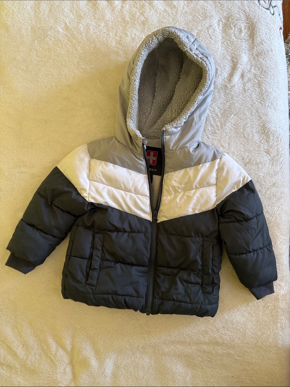 Swiss Tech Black, White & Gray Kids Puffer Jacket with Hood